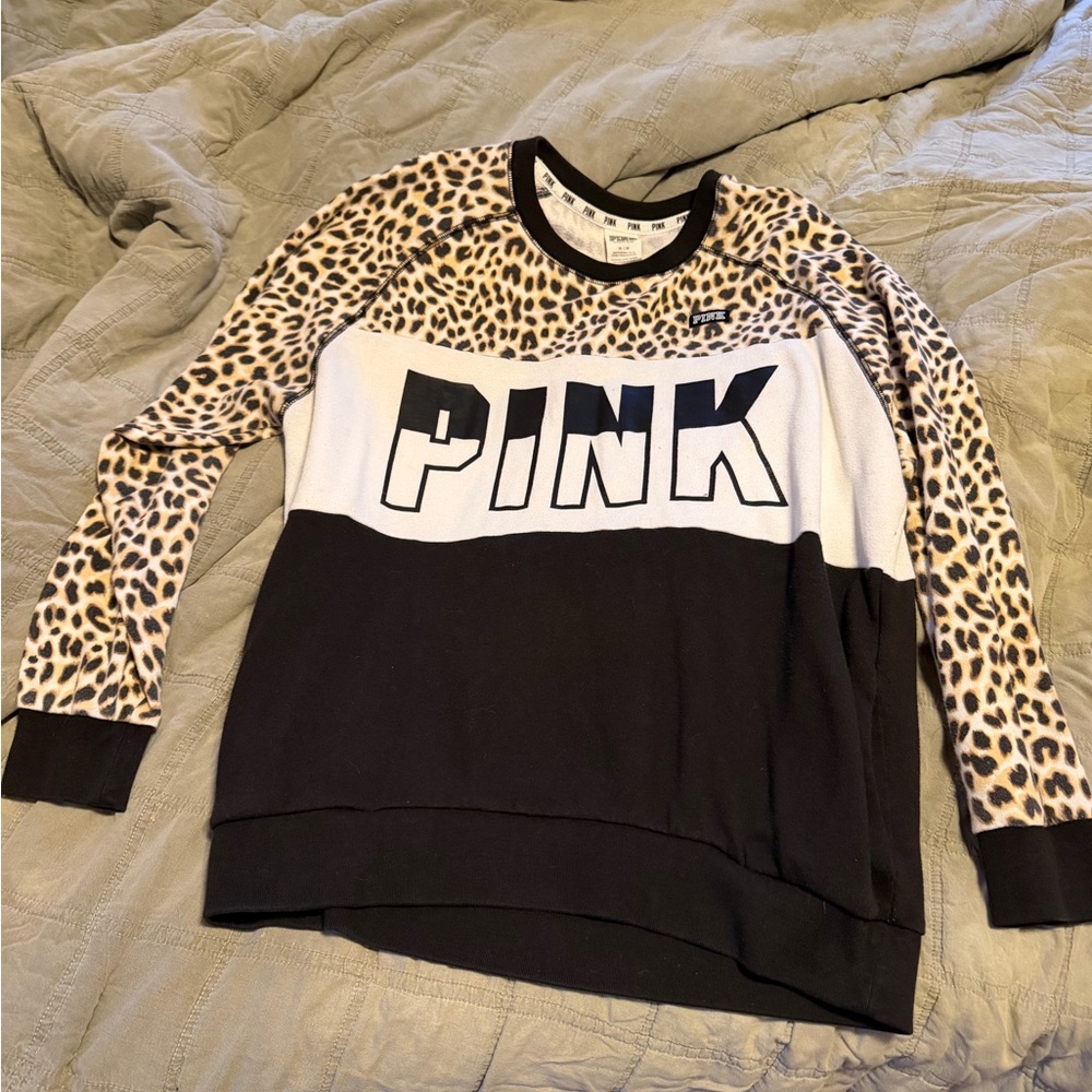 Victoria's Secret PINK Black and Leopard Crewneck Sweatshirt
